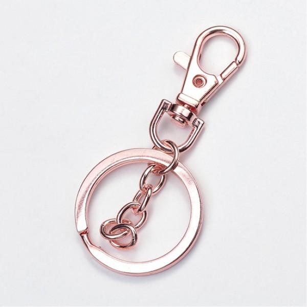 73mm Rose Gold Plated Keyring with Swivel Clip + Chain, SPLIT RINGS