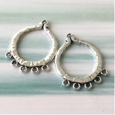 32x25mm Antique Silver Hammered Chandelier Round Earring Drops - Pack of 2 Pair