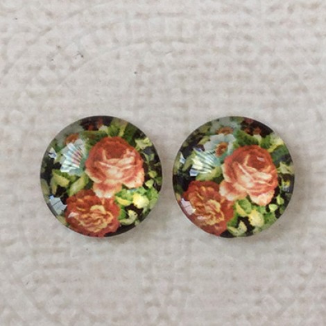 12mm Art Glass Backed Cabochons  - Floral Mix Design 6 - Per Pair