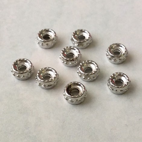 5.5x3mm Rhodium Silver Plated Brass Beaded Rondelles - Pack of 10