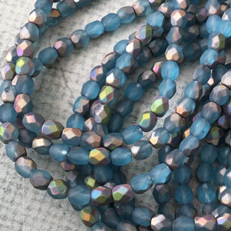 4mm Czech Firepolish Beads - Matte Aqua Blue AB