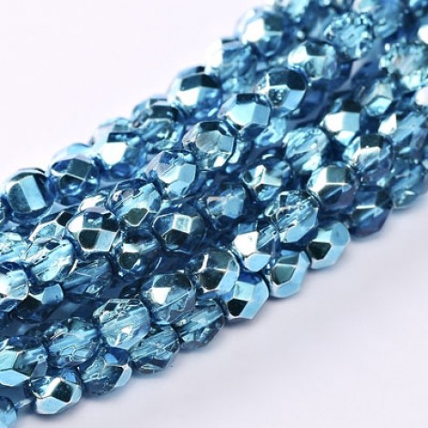 4mm Czech Firepolish Beads - Crystal Aqua Metallic Ice