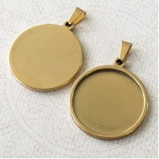 25mm ID 304 Round Gold Stainless Steel Round Bezel Pendant Setting with Bail - Each