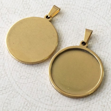 25mm ID 304 Round Gold Stainless Steel Round Bezel Pendant Setting with Bail