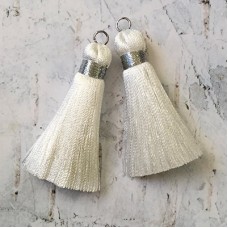 40mm Silk Tassels with Silver Metallic Thread & Jumpring - White - 1 pair