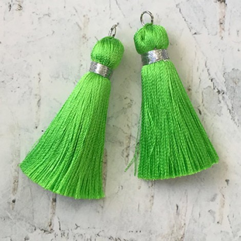 40mm Silk Tassels with Silver Metallic Thread & Jumpring - Lime Green - 1 pair 40mm Silk Tassels with Silver Metallic Thread & Jumpring - Lime Green - 1 pair