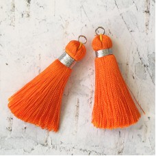 40mm Silk Tassels with Silver Metallic Thread & Jumpring - Orange - 1 pair