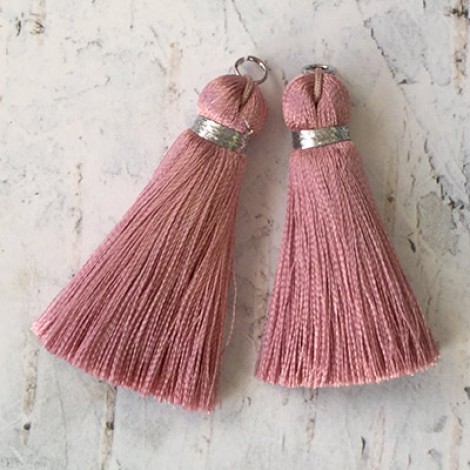 40mm Silk Tassels with Silver Metallic Thread & Jumpring - Dusty Pink - 1 pair 40mm Silk Tassels with Silver Metallic Thread & Jumpring - Dusty Pink - 1 pair