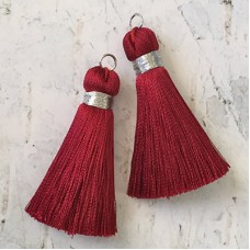 40mm Silk Tassels with Silver Metallic Thread & Jumpring - Burgundy - 1 pair