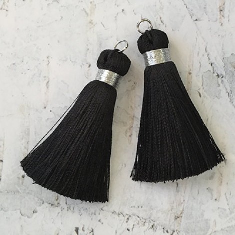 40mm Silk Tassels with Silver Metallic Thread & Jumpring - Black - 1 pair