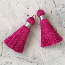 40mm Silk Tassels with Silver Metallic Thread & Jumpring - Fuchsia - 1 pair