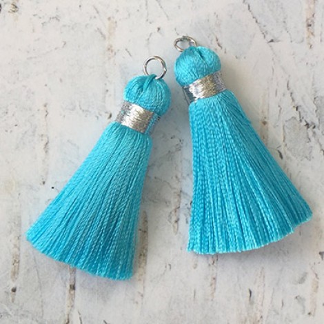 40mm Silk Tassels with Silver Metallic Thread & Jumpring - Turquoise - 1 pair