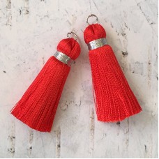 40mm Silk Tassels with Silver Metallic Thread & Jumpring - Red - 1 pair