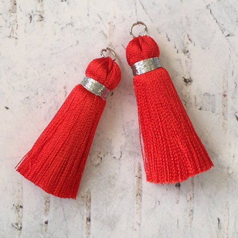 40mm Silk Tassels with Silver Metallic Thread & Jumpring - Red - 1 pair