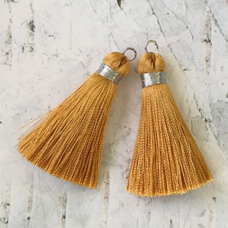 40mm Silk Tassels with Silver Metallic Thread & Jumpring - Gold Ochre - 1 pair 40mm Silk Tassels with Silver Metallic Thread & Jumpring - Gold Ochre - 1 pair