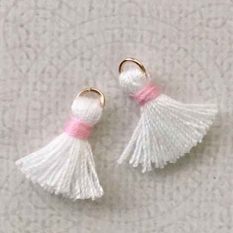15mm Cotton Mini Tassels with Gold Jumpring - Pack of 10 - White/Pink