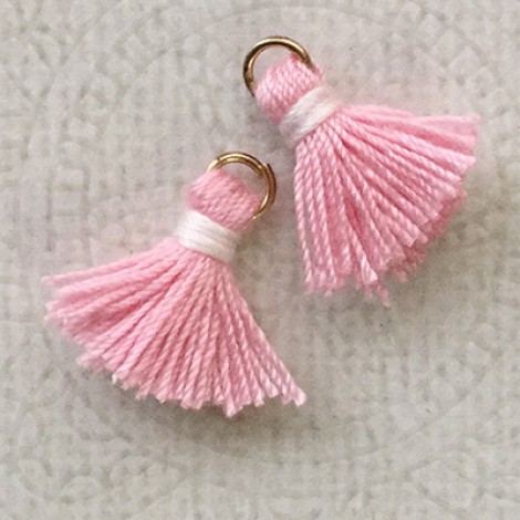 15mm Cotton Mini Tassels with Gold Jumpring - Pack of 10 - Pink/White