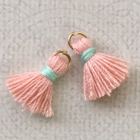 15mm Cotton Mini Tassels with Gold Jumpring - Pack of 10 - Peach/Silver