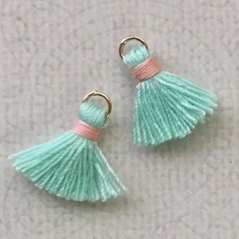 15mm Cotton Mini Tassels with Gold Jumpring - Pack of 10 - Aqua/Pink