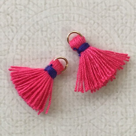 15mm Cotton Mini Tassels with Gold Jumpring - Pack of 10 - Fuchsia/Purple