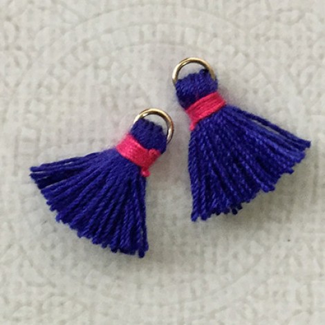 15mm Cotton Mini Tassels with Gold Jumpring - Pack of 10 - Royal Blue/Pink