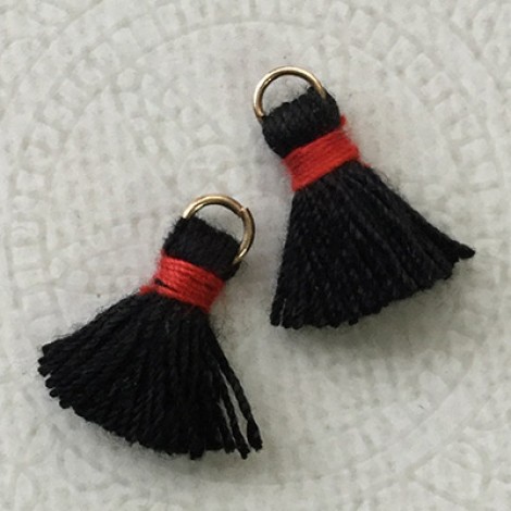 15mm Cotton Mini Tassels with Gold Jumpring - Pack of 10 - Black/Red