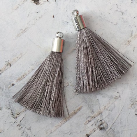 35mm Silk Tassels with Silver Beadcap - Smoky Grey - Per Pair 35mm Silk Tassels with Silver Beadcap - Smoky Grey - Per Pair