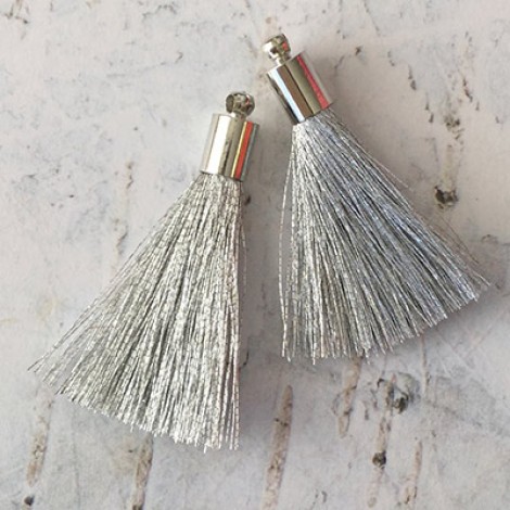 35mm Silk Tassels with Silver Beadcap - Silver