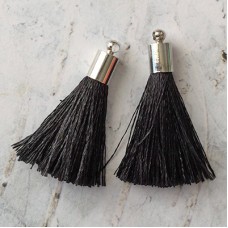 35mm Silk Tassels with Silver Beadcap - Black - Per Pair