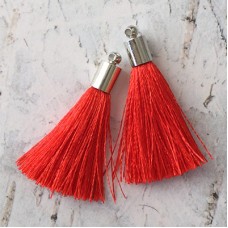 35mm Silk Tassels with Silver Beadcap - Chilli Red - Per Pair