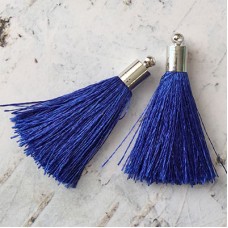 35mm Silk Tassels with Silver Beadcap - Royal Blue - Per Pair