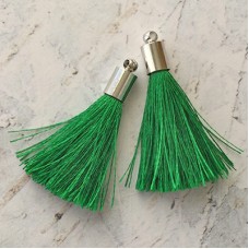 35mm Silk Tassels with Silver Beadcap - Emerald Green - Per Pair