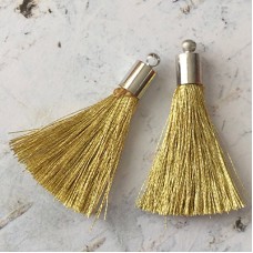 35mm Silk Tassels with Silver Beadcap - Metallic Gold - Per Pair