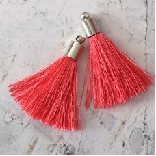 35mm Silk Tassels with Silver Beadcap - Watermelon Pink - Per Pair