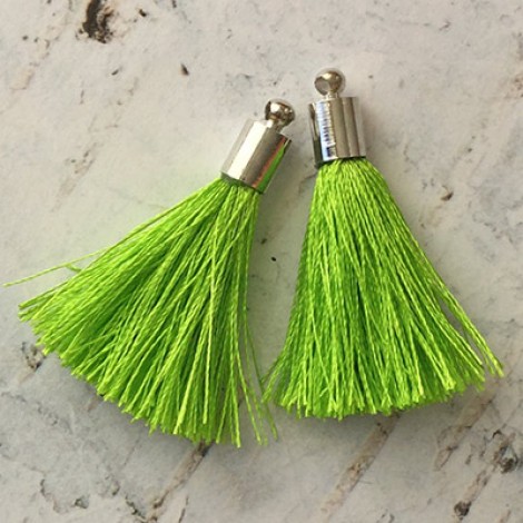 35mm Silk Tassels with Silver Beadcap - Lime Green - Per Pair 35mm Silk Tassels with Silver Beadcap - Lime Green - Per Pair
