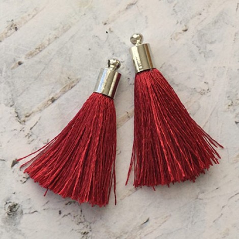 35mm Silk Tassels with Silver Beadcap - Deep Red