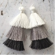 75mm Three Tier Silk Tassels with Loop - Black, White + Grey Mix - 1 pair