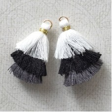 35mm Three Tier Mini Cotton Tassels with Loop - White Black Grey Mix - 1 pair