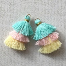 35mm Three Tier Mini Cotton Tassels with Loop - Aqua Peach Lemon Mix - 1 pair