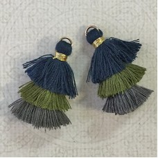 35mm Three Tier Mini Cotton Tassels with Loop - Green Navy Grey Mix - 1 pair