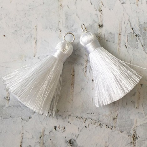 40mm Silk Tassels with Silver Jumpring - White - 1 pair 40mm Silk Tassels with Silver Jumpring - White - 1 pair
