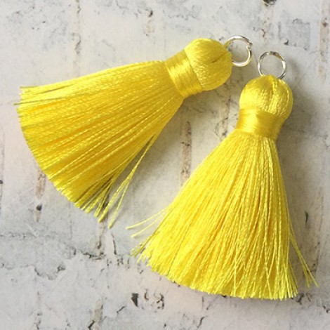 40mm Silk Tassels with Silver Jumpring - Yellow - 1 pair