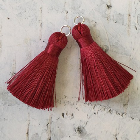 40mm Silk Tassels with Silver Jumpring - Burgundy - 1 pair 40mm Silk Tassels with Silver Jumpring - Burgundy - 1 pair
