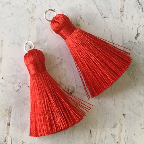 40mm Silk Tassels with Silver Jumpring - Red - 1 pair