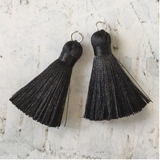 40mm Silk Tassels with Silver Jumpring - Black - 1 pair