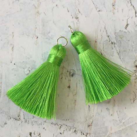 40mm Silk Tassels with Silver Jumpring - Green - 1 pair 40mm Silk Tassels with Silver Jumpring - Green - 1 pair