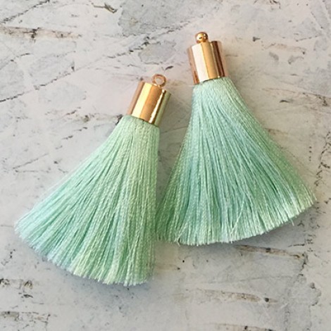 50mm Silk Tassels with Gold Plated Cap & Loop - Mint - 1 pair