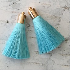 50mm Silk Tassels with Gold Plated Cap & Loop - Turquoise - 1 pair