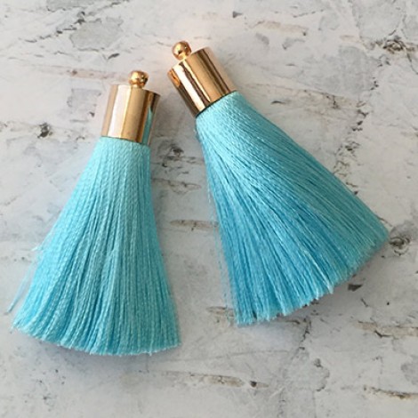 50mm Silk Tassels with Gold Plated Cap & Loop - Turquoise - 1 pair
