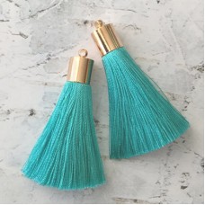50mm Silk Tassels with Gold Plated Cap & Loop - Aqua - 1 pair